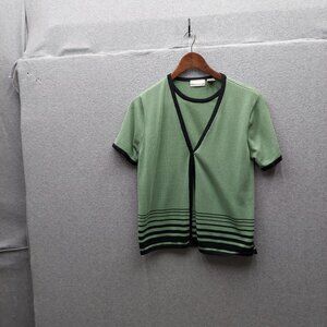Croft & Barrow Womens Green & Black Striped Short Sleeve Cardigan Sweater Size S